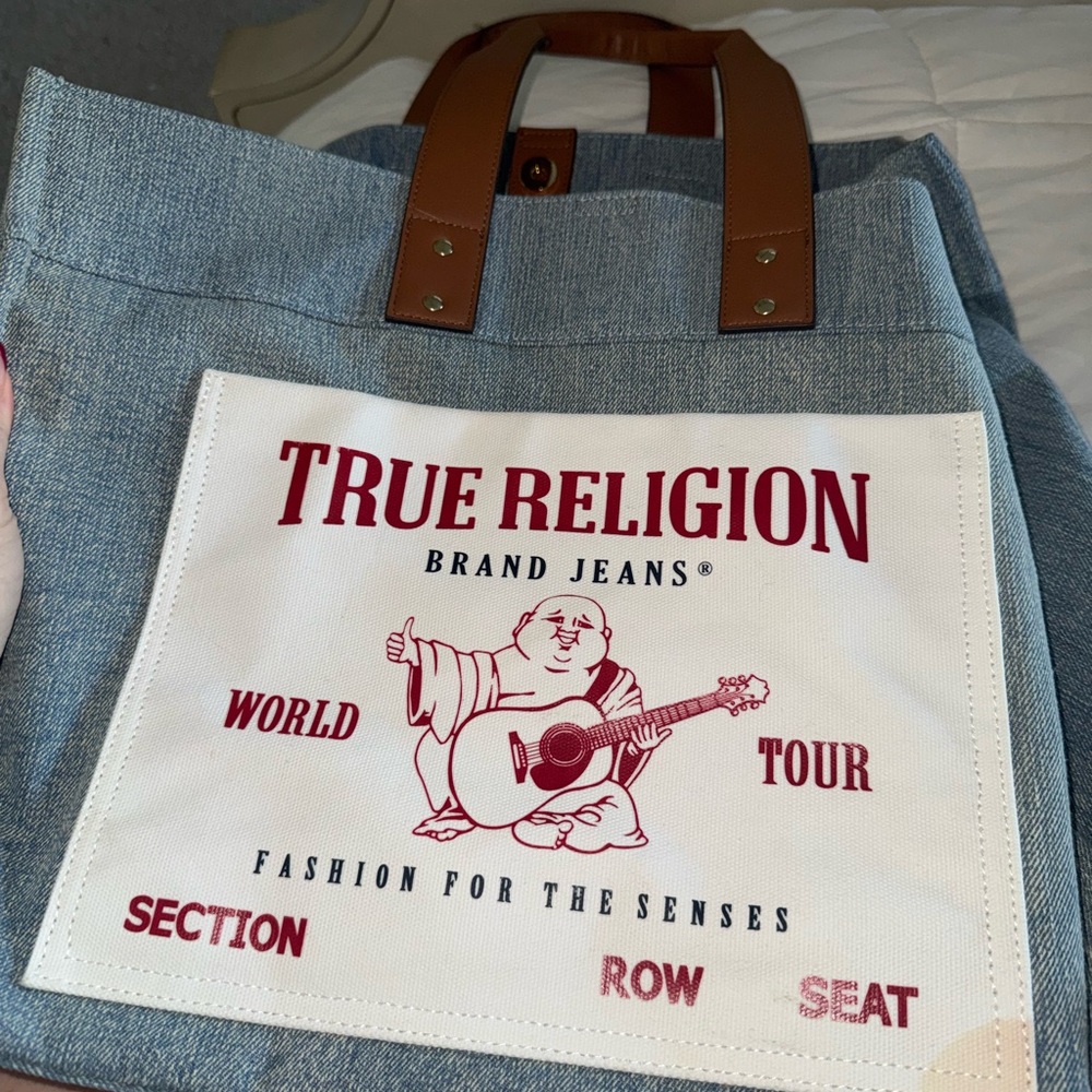 True Religion Denim Tote Bag with Brown Handles